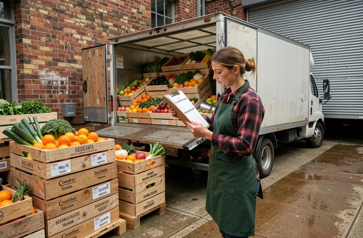 Fournisseur de légumes livrant des produits frais à un restaurant professionnel avec bon de commande