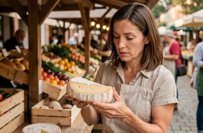 Femme inspectant un morceau de comté sans gluten sur un marché artisanal en plein air
