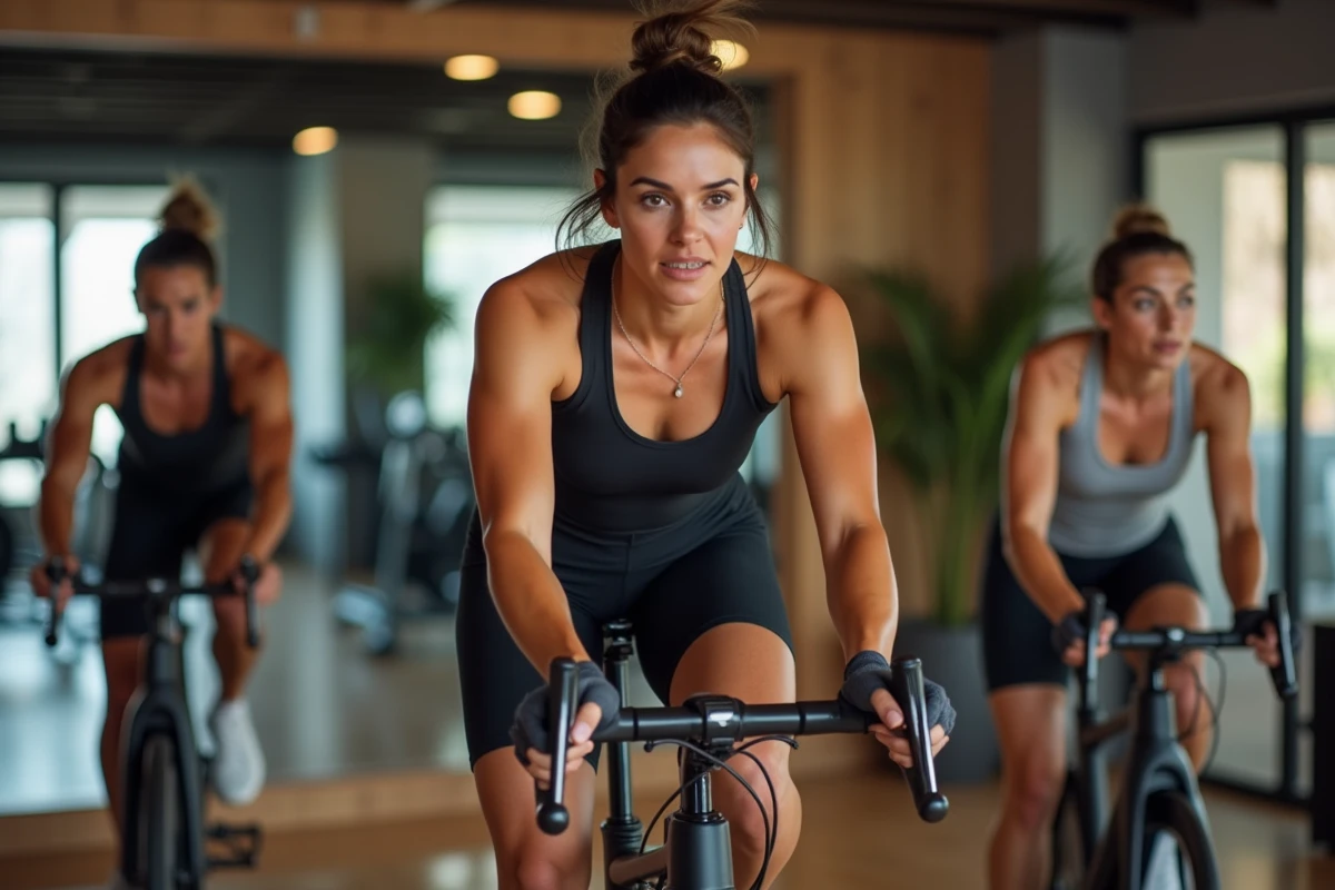 Groupe de personnes en cours de spinning en salle de sport
