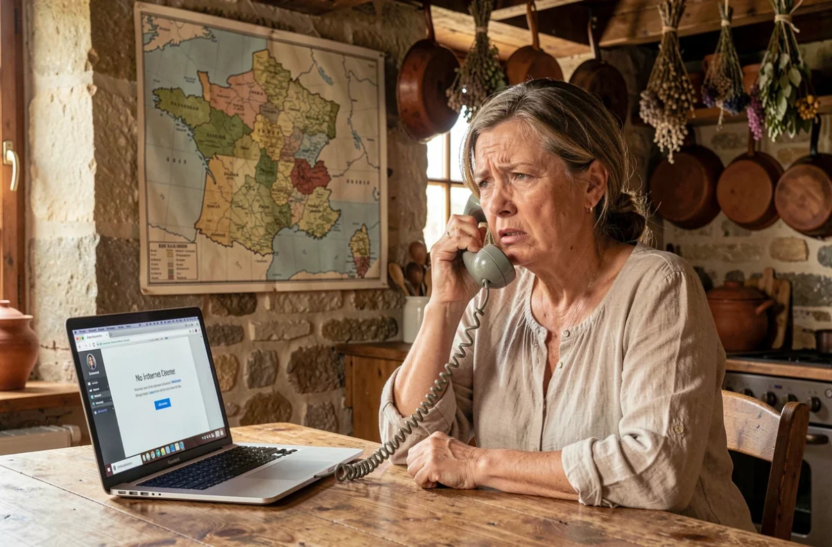Femme dans une ferme rurale française utilisant un téléphone fixe face à l'absence de connexion internet, illustrant les difficultés des zones blanches