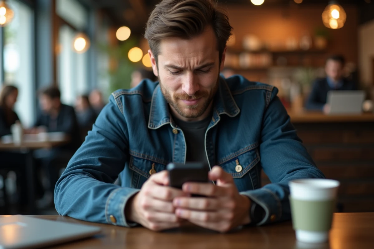 Jeune homme préoccupé consultant son smartphone dans un café après un achat en ligne sans authentification 3D Secure