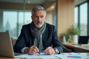 Homme d'affaires en costume examinant des documents immobiliers