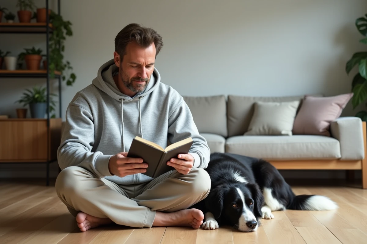 Homme assis sur un parquet lisant un guide canin avec un border collie posé contre lui, conseils pour propriétaires de chiens