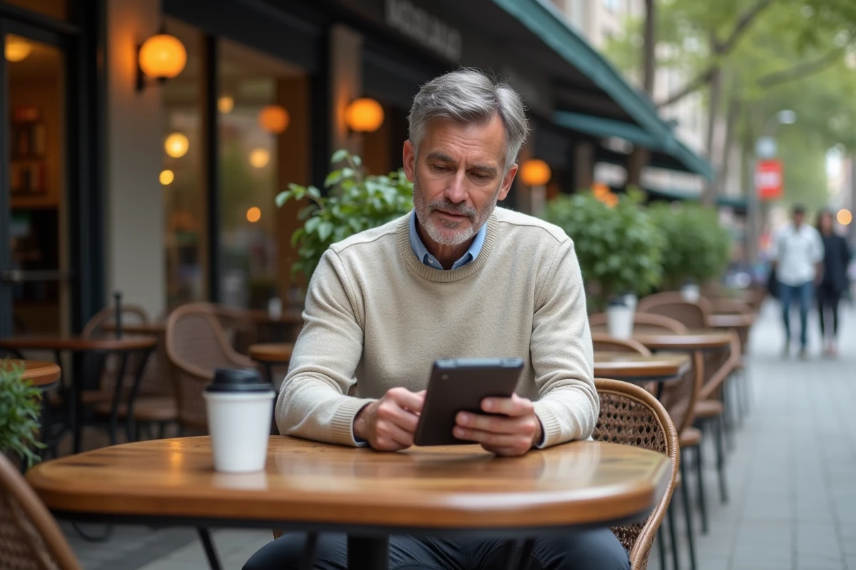 Homme d age moyen consulte une application bancaire en extérieur