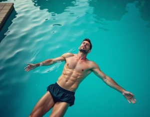 Homme flottant sur le dos dans une piscine extérieure, illustrant la flottabilité naturelle du corps humain dans l'eau