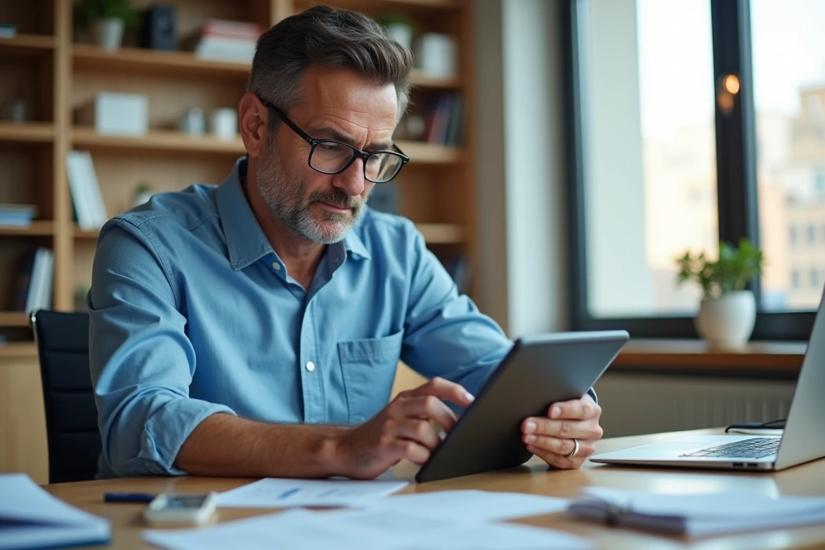 Homme gérant ses paiements sur une tablette au bureau