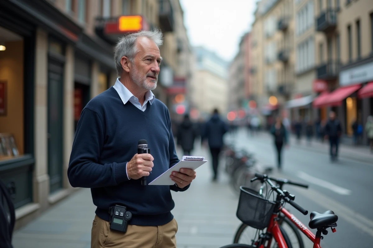 Homme en interview dans une rue urbaine animée