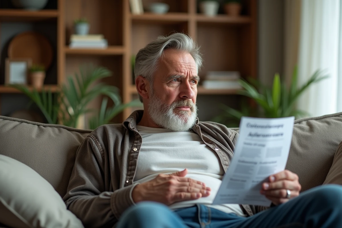 Homme pensif lisant un guide de soins après colonoscopie