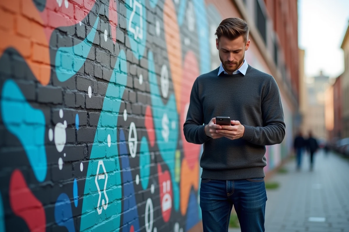 Homme devant mural numérique créatif en extérieur