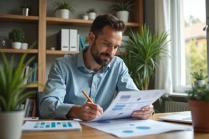 Homme en tenue décontractée examine des annonces immobilières dans un bureau lumineux