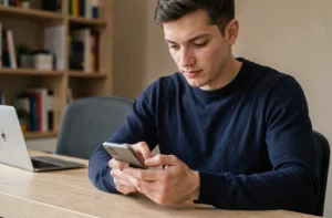 Homme examinant un smartphone Android à son bureau à domicile, actualité Android et tests d'appareils