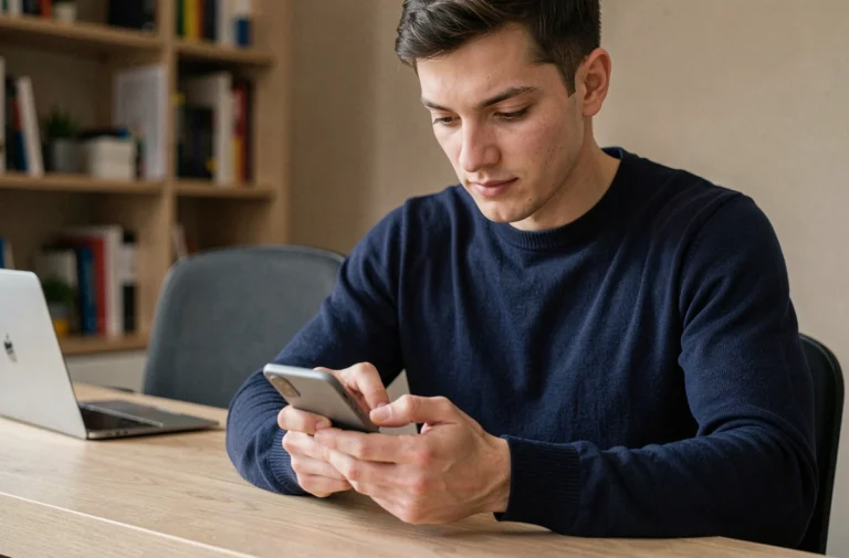 Homme examinant un smartphone Android à son bureau à domicile, actualité Android et tests d'appareils