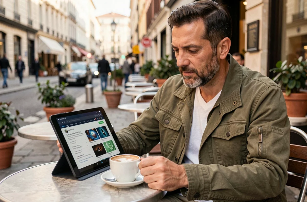 Homme lisant l'actualité Android sur une tablette en terrasse de café, astuces et nouveautés technologiques