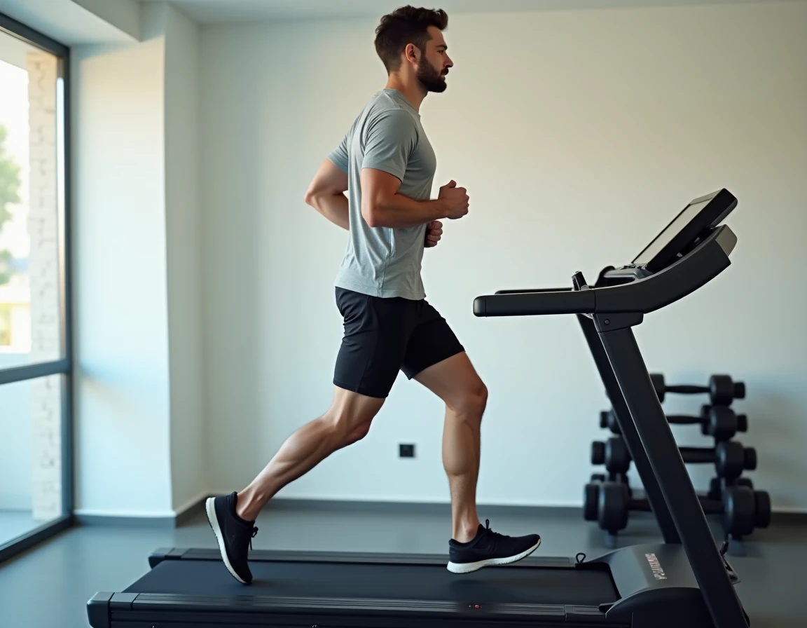 Homme qui court sur un tapis de course connecté Sportstech F17 dans une salle de sport à domicile