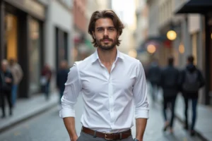 Homme élégant en ville avec chemise blanche et pantalon en laine