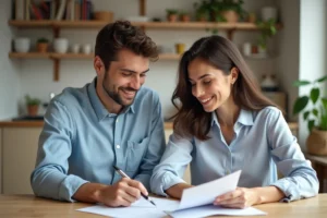 Jeune couple français examine documents de location dans un appartement moderne