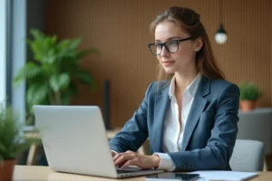 Jeune femme en bureau moderne avec ordinateur et tablette