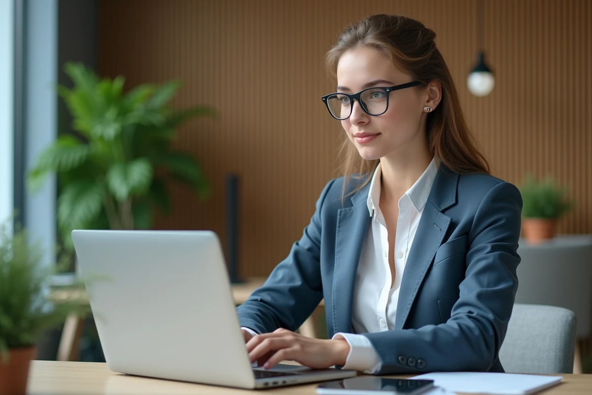 Jeune femme en bureau moderne avec ordinateur et tablette