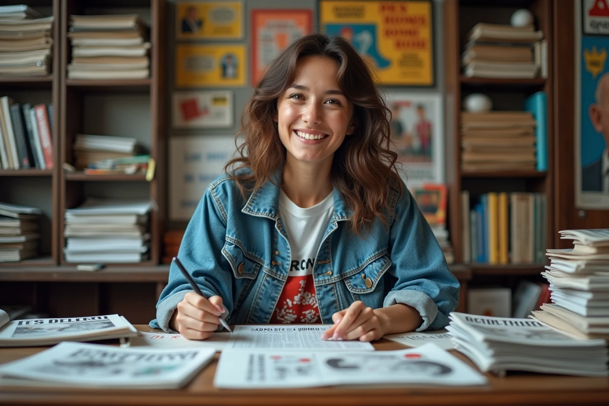 Jeune femme avec magazines satiriques et dessins politiques