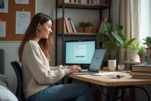 Jeune femme concentrée sur son ordinateur avec Eduservices MyCamlogin