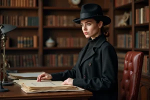 Jeune femme sérieuse dans un bureau ancien en costume