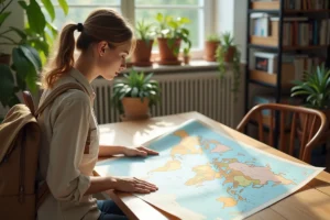 Jeune femme étudiant une carte du monde dans une pièce lumineuse