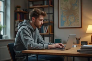 Jeune homme travaillant sur un ordinateur dans un bureau cosy