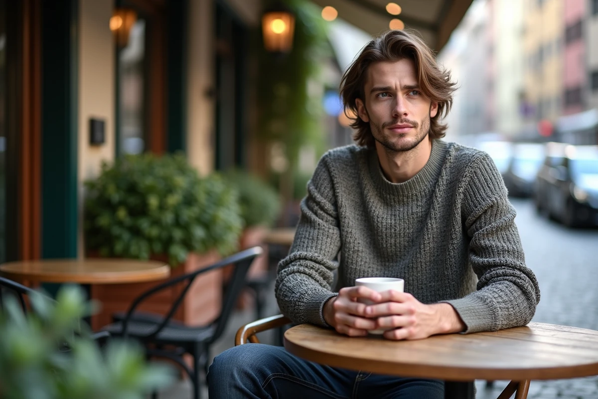 Jeune homme détendu au café avec pull en maille et jeans foncés