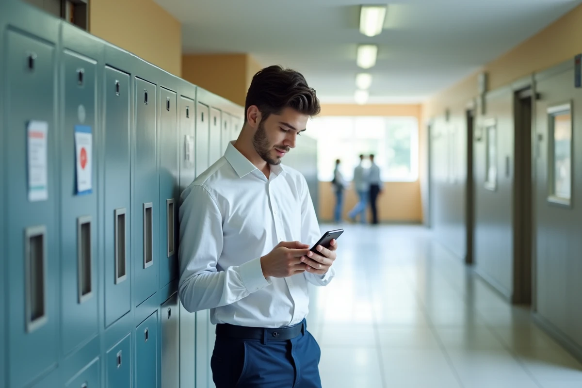 Jeune homme en chemise blanche utilisant son smartphone dans un couloir universitaire