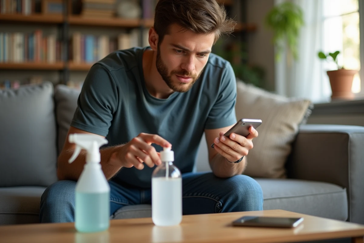Jeune homme désinfectant son téléphone avec alcool