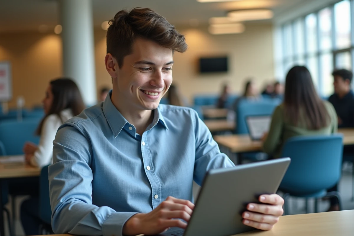 Jeune homme souriant utilisant MyCamEduservices dans un espace étudiant
