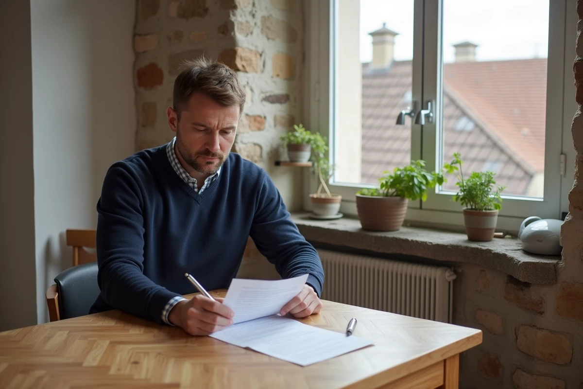Locataire signant un contrat de bail dans un appartement rénové en ville moyenne
