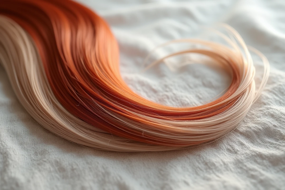 Gros plan d'une mèche de cheveux roux virant progressivement au blanc argenté, illustrant scientifiquement l'évolution de la pigmentation capillaire avec l'âge