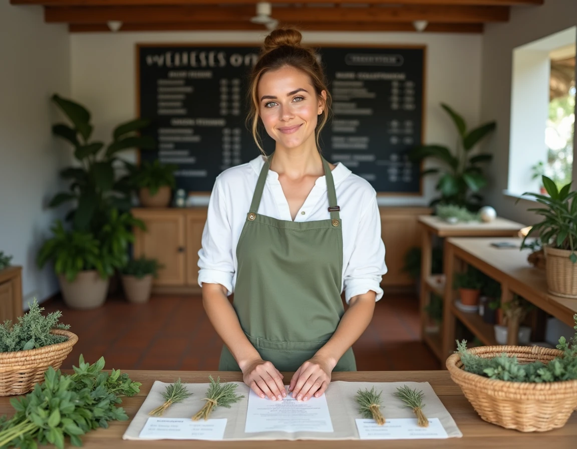 Naturopathe femme préparant des fiches tarifaires et des remèdes à base de plantes dans un atelier bien-être naturel