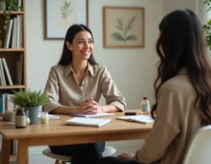 Naturopathe femme en consultation avec une cliente dans un cabinet bien aménagé avec des plantes et des remèdes naturels