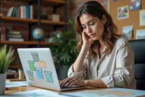 Femme organisant un sitemap de site de voyage sur un ordinateur portable dans un bureau décoré de cartes et de guides de voyage