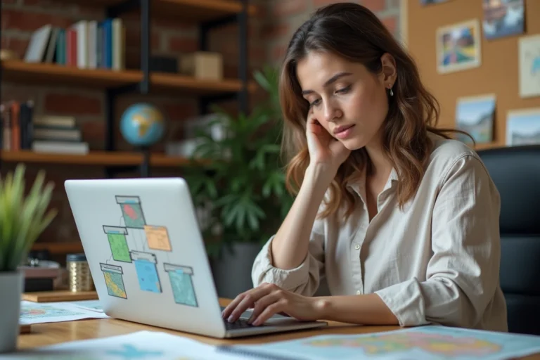 Femme organisant un sitemap de site de voyage sur un ordinateur portable dans un bureau décoré de cartes et de guides de voyage
