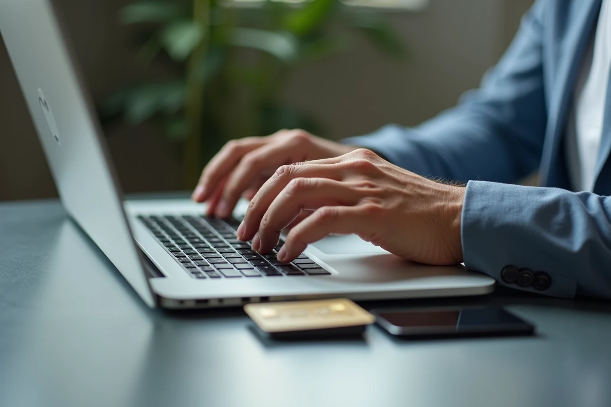 Gros plan sur des mains tapant sur un clavier avec une carte bancaire posée à côté lors d'un paiement en ligne non sécurisé