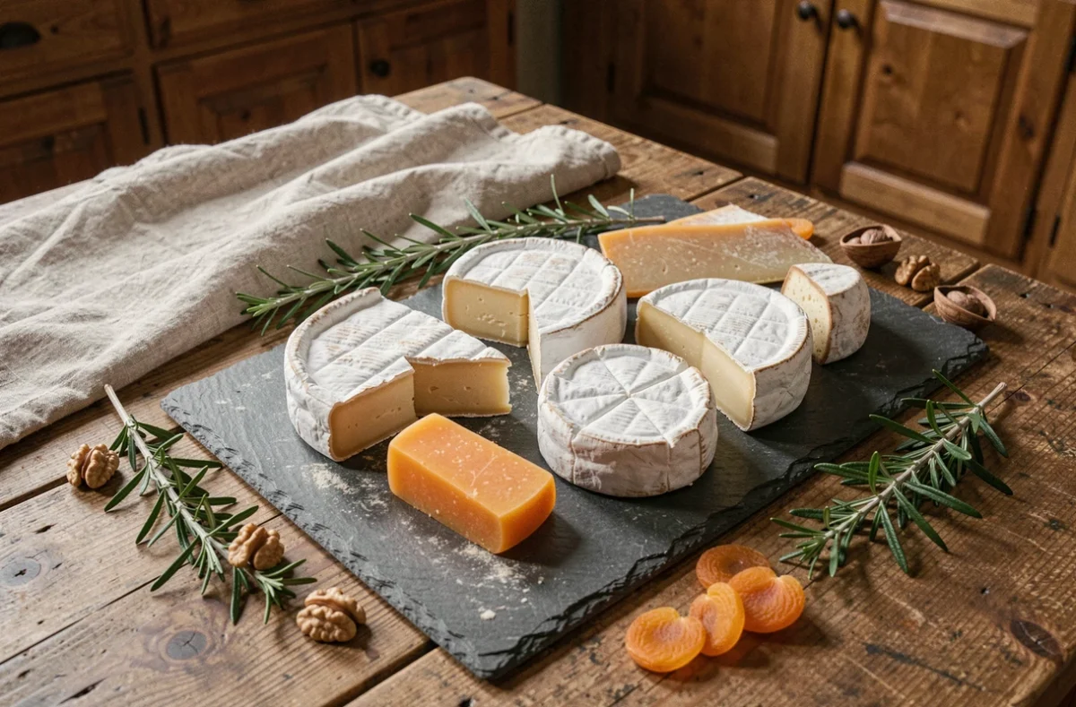Plateau de fromages naturellement sans gluten avec brie, cheddar, chèvre et manchego sur une ardoise rustique