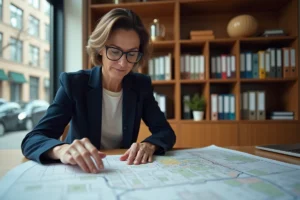 Femme professionnelle de l'immobilier analysant un plan de zonage urbain dans un bureau
