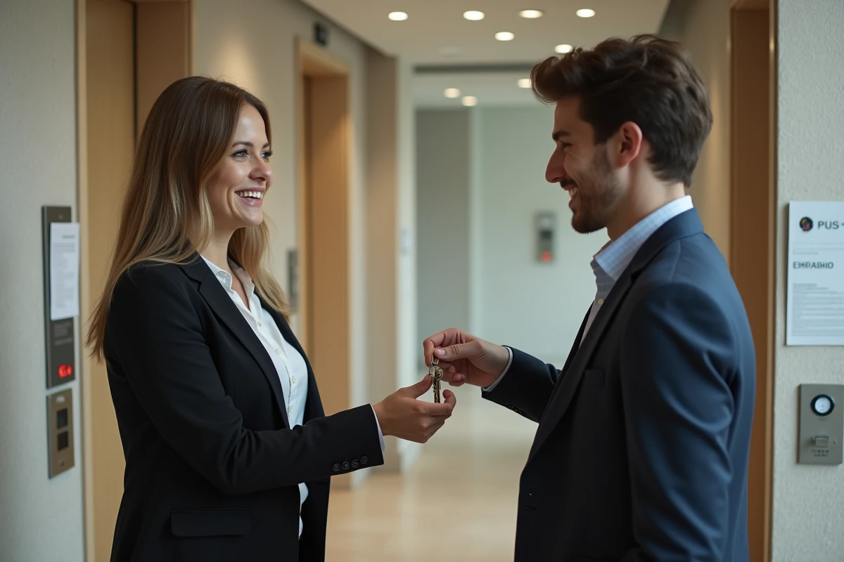 Professionnelle remet des clés à un jeune homme dans un hall contemporain