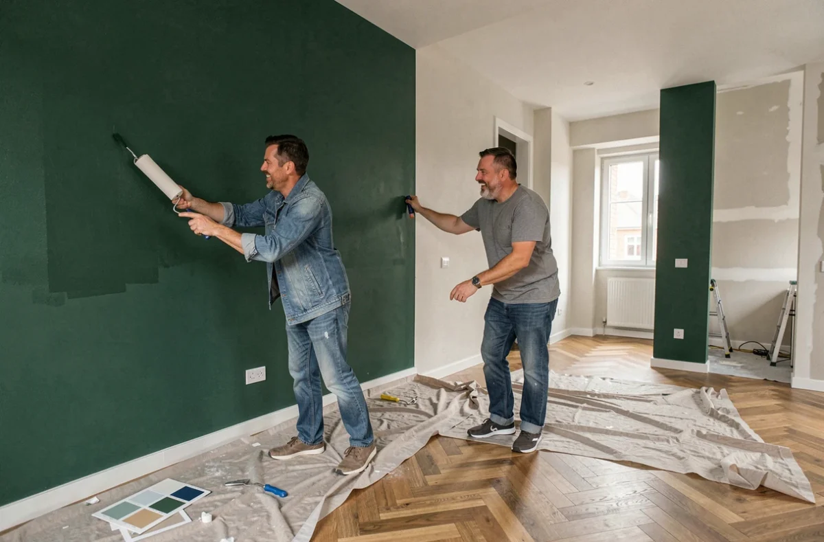 Couple peignant un mur d'accent vert forêt dans un salon en cours de rénovation avec parquet en chevrons