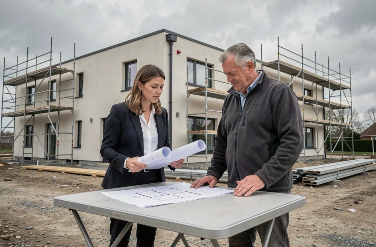 Architecte et entrepreneur en réunion sur chantier lors des opérations préalables à la réception des travaux