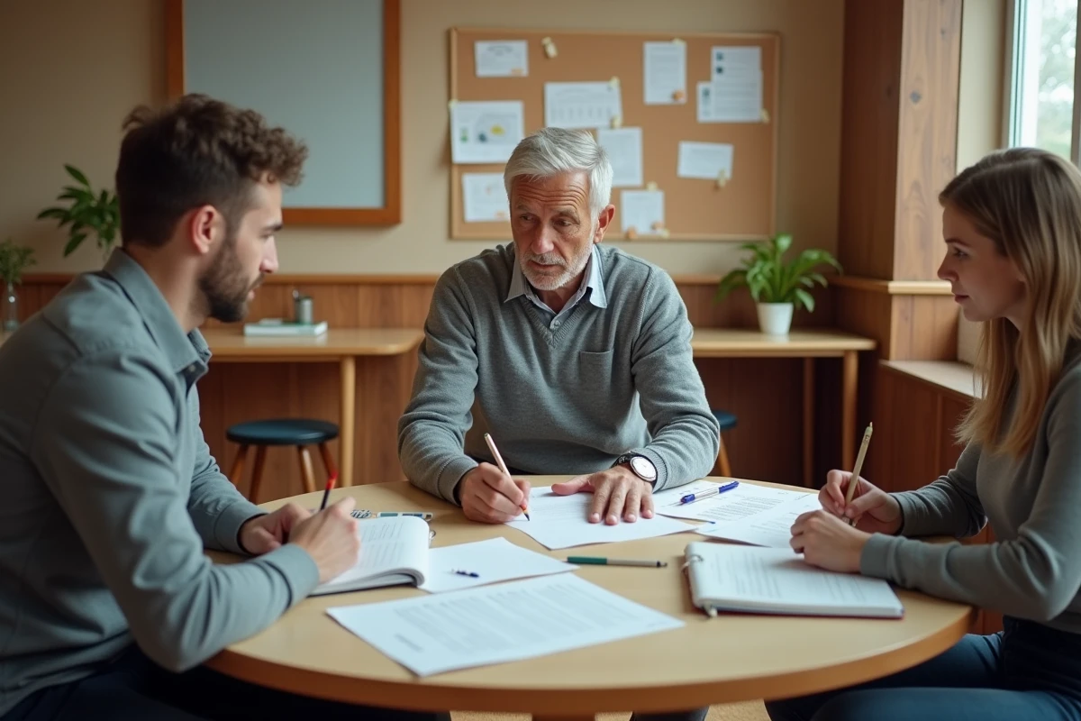 Équipe d'enseignants analysant des plans de cours lors d'une réunion pédagogique collaborative en salle des professeurs
