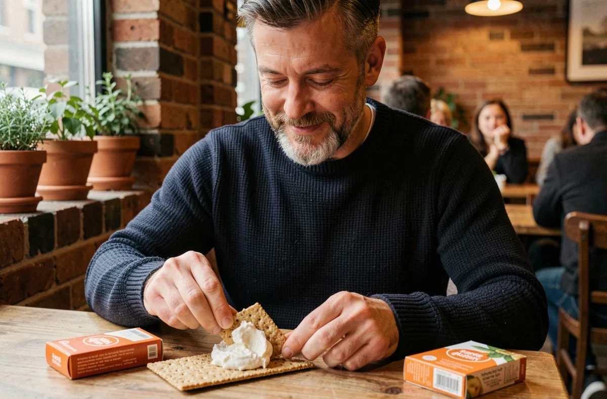 Homme étalant de la ricotta sans gluten sur une galette de riz dans un café urbain