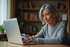 Femme inquiète tenant une carte bancaire devant un écran d'ordinateur lors d'un achat en ligne sans sécurité 3D Secure