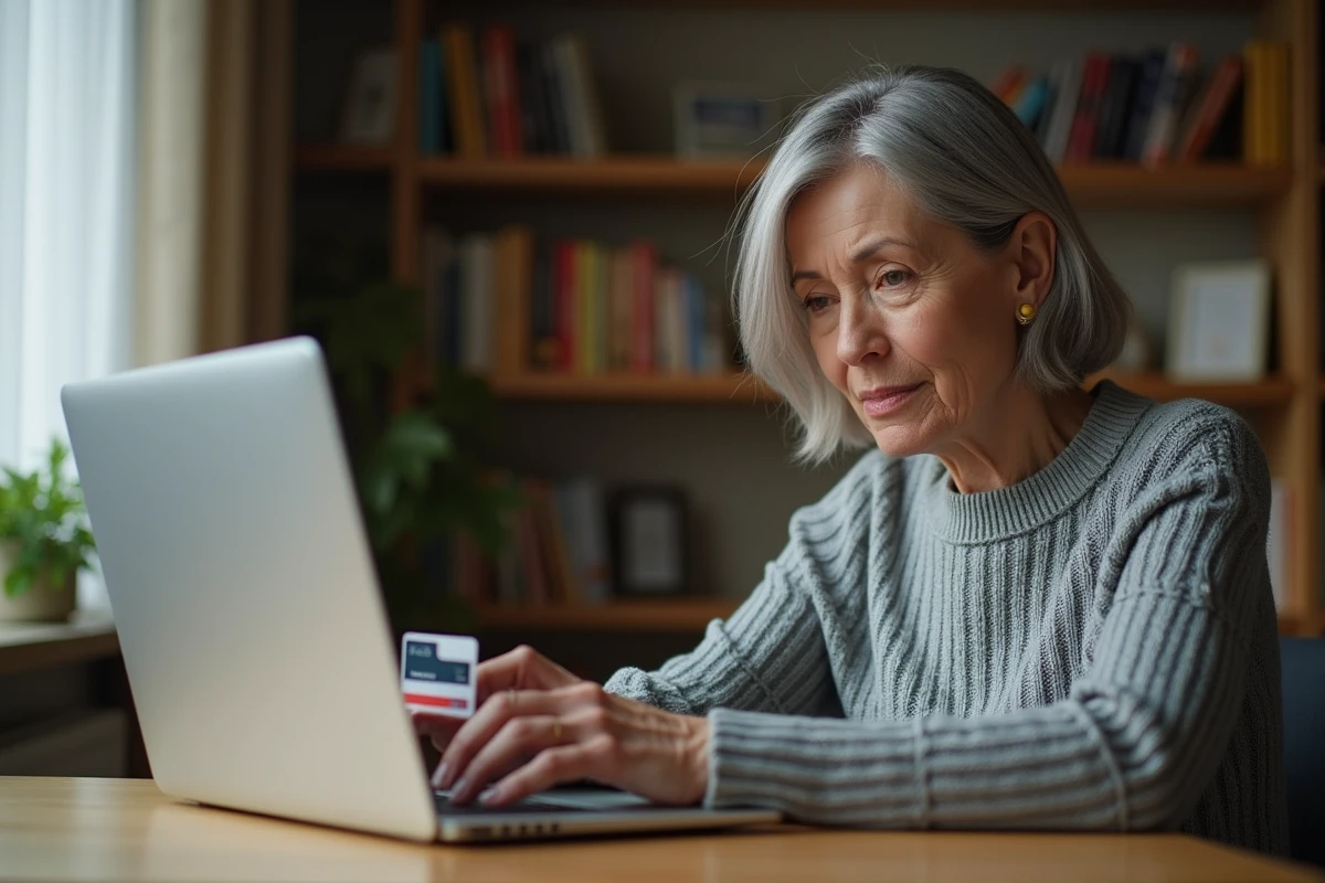 Femme inquiète tenant une carte bancaire devant un écran d'ordinateur lors d'un achat en ligne sans sécurité 3D Secure