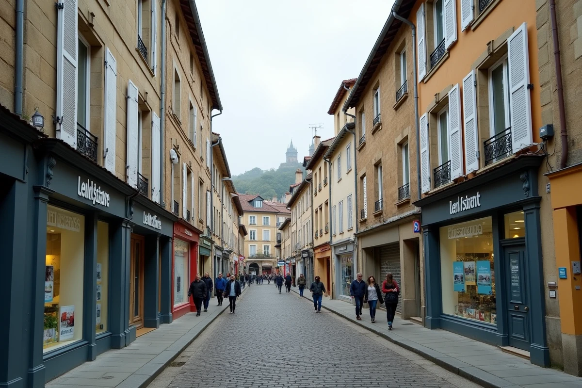 Vue de rue d'une ville moyenne française avec agences immobilières et immeubles résidentiels