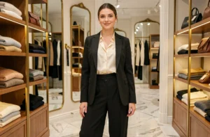 Femme élégante en blazer noir et pantalon large dans une boutique parisienne au style glamour raffiné
