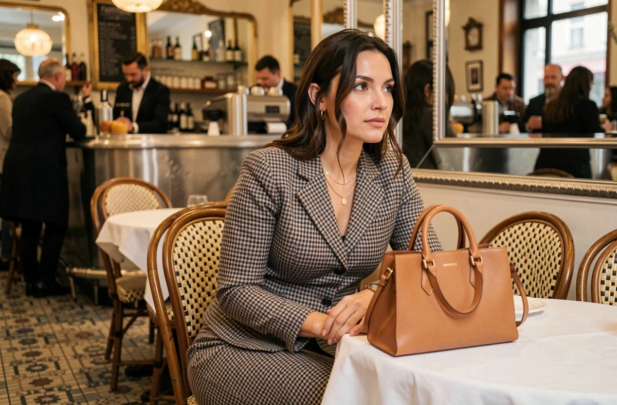 Femme stylée en co-ord houndstooth assise dans un café parisien avec sac en cuir et bijoux dorés